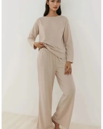 Set pijamale  texturate, jerseu, bej