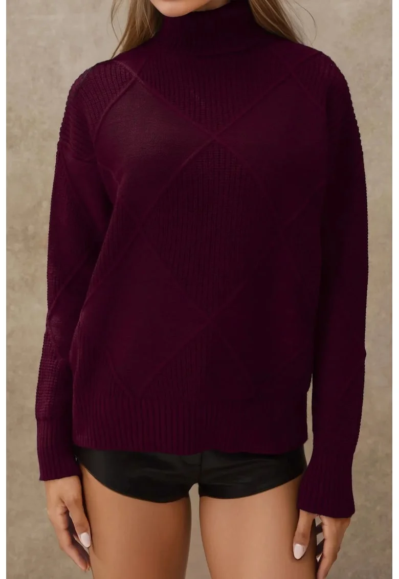 Pulover dama,  tricot, cu guler, Rosu Burgund,
