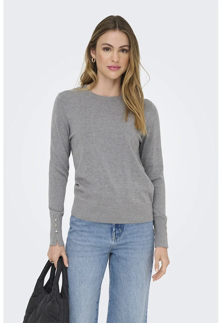 Pulover slim fit cu mansete cu nasturi, Gri deschis melange