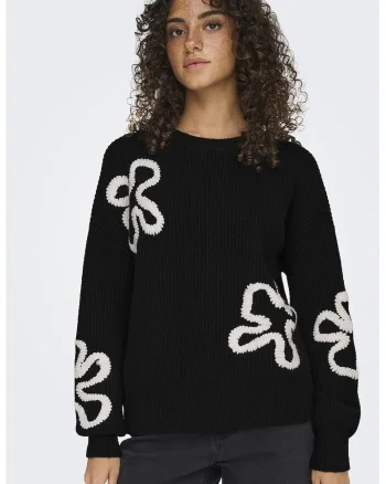 Pulover din amestec de lana cu model floral, Alb/Negru