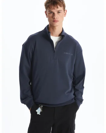 Bluza de trening din amestec de bumbac cu fenta cu fermoar, Bleumarin