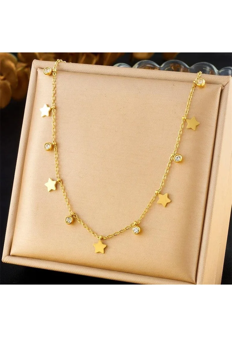 Colier auriu, din otel inoxidabil, suflat cu aur 18k, cu pietre si stelute, Elanda C2