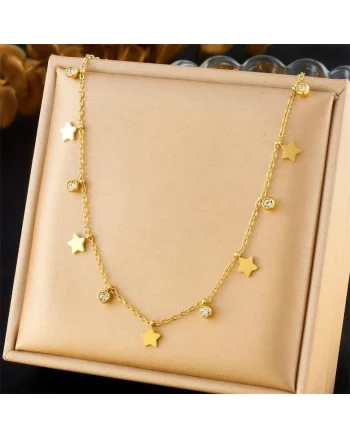 Colier auriu, din otel inoxidabil, suflat cu aur 18k, cu pietre si stelute, Elanda C2