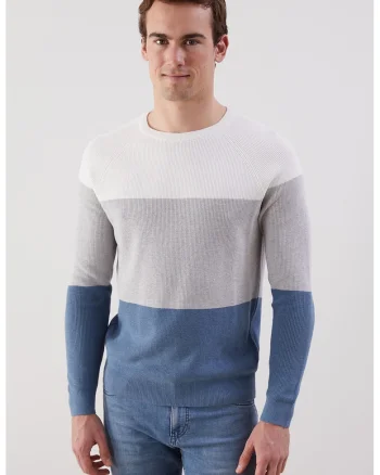 Pulover colorblock de bumbac, Albastru inchis/Alb murdar/Gri deschis melange