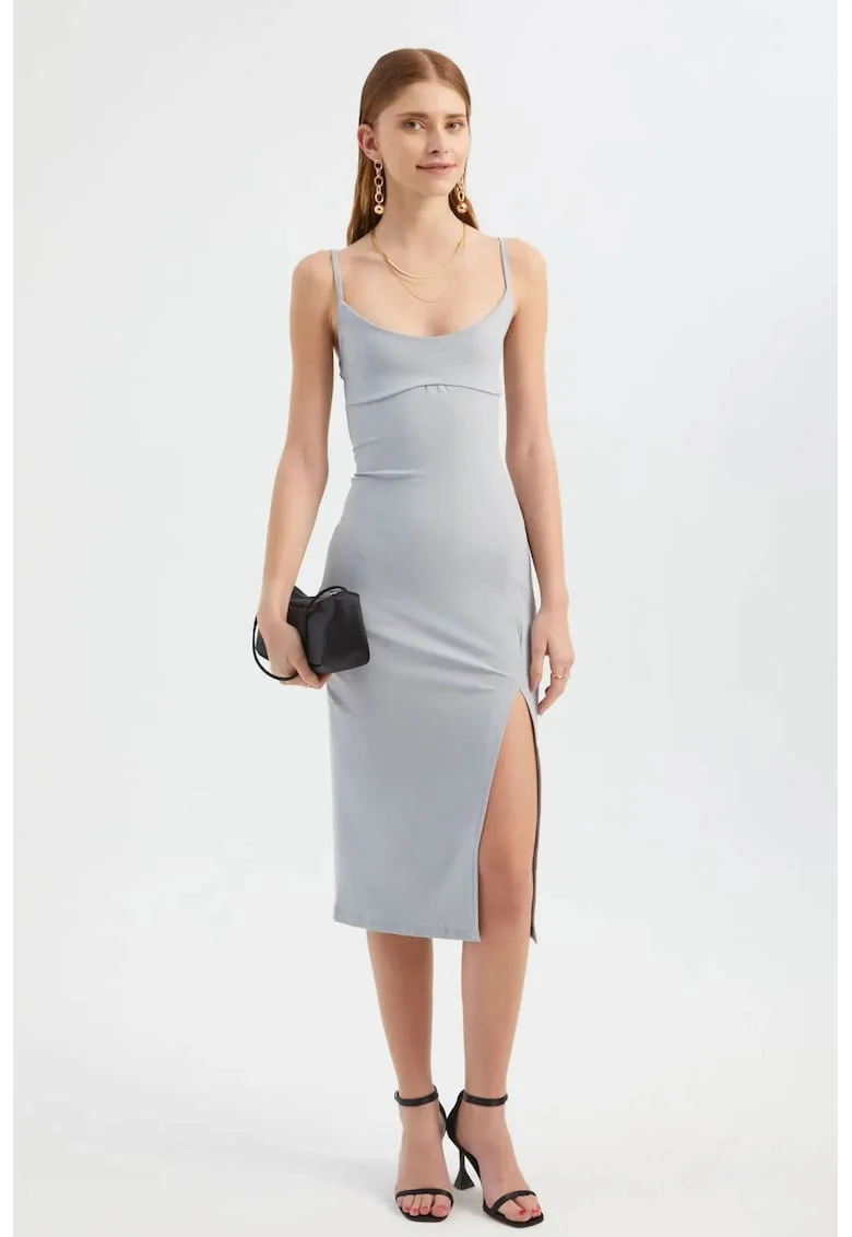 Rochie midi mulata,  decolteu rotund, crapatura laterala, gri, jerseu