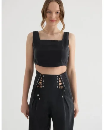 Top scurt,  corset decolteu patrat, textil - 46794, Negru