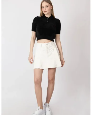 Pulover dama,  pufos, guler camasa, maneca scurta, tricot, Negru,
