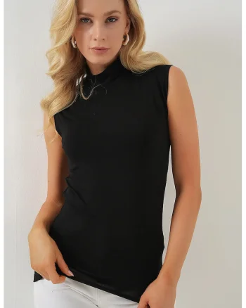 Tricou cu guler inalt dama,  fara maneci, viscoza/lycra, negru,