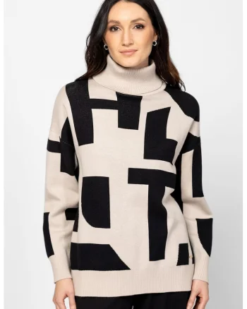 Pulover cu guler inalt si model, Negru/Bej