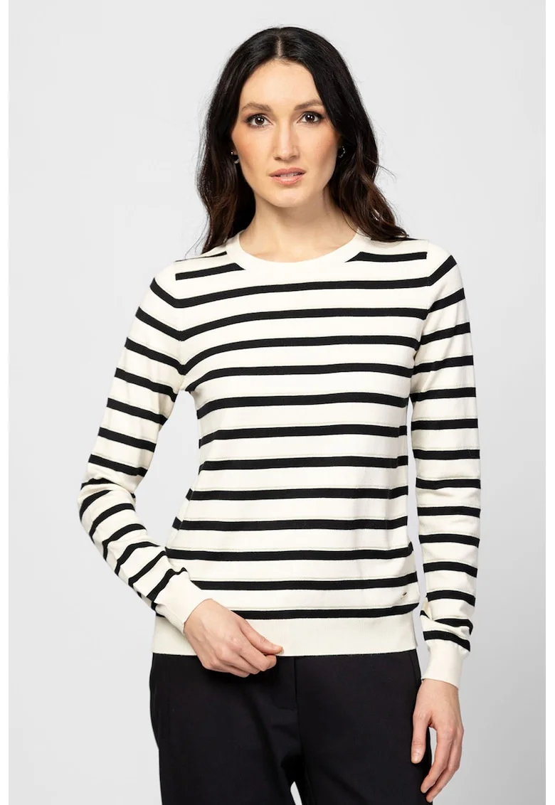 Pulover cu decolteu rotund si model in dungi, Alb fildes/Negru