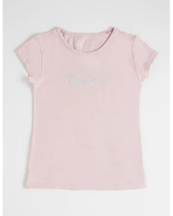 Tricou cu decolteu la baza gatului si logo stralucitor, Roz prafuit