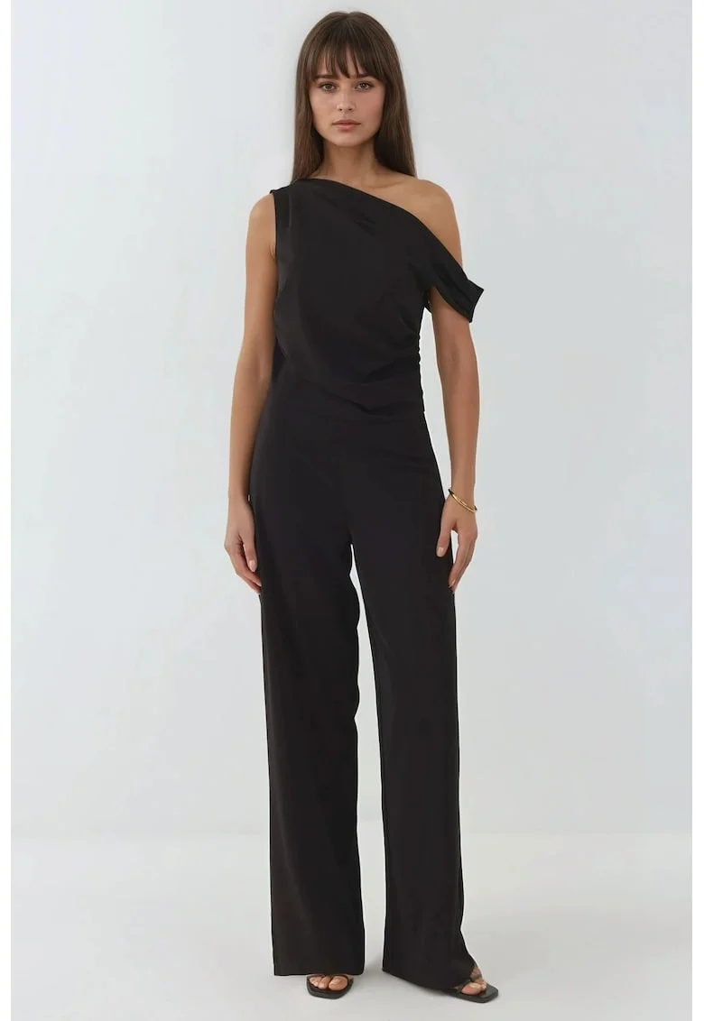 Salopeta dama,  cu guler asimetric, croi larg, textil, negru