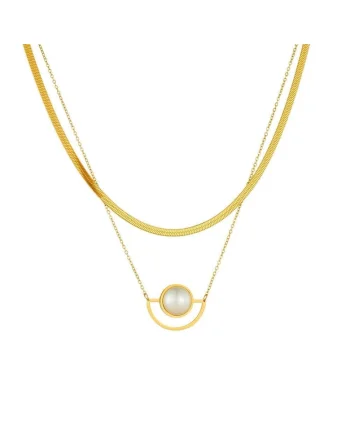 Colier auriu, din otel inoxidabil, suflat cu aur 18k, stil minimalist, cu perla, Ekarda C2