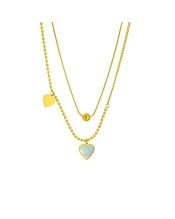 Colier auriu, din otel inoxidabil, suflat cu aur 18k, in 2 straturi, cu inimioare, Effie C1