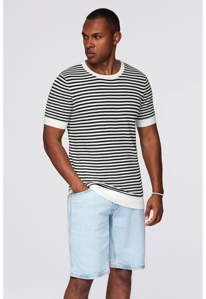 Tricou tricotat fin cu dungi, Alb/Negru