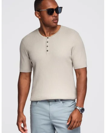 Tricou slim fit cu striatii si decolteu henley, Gri deschis