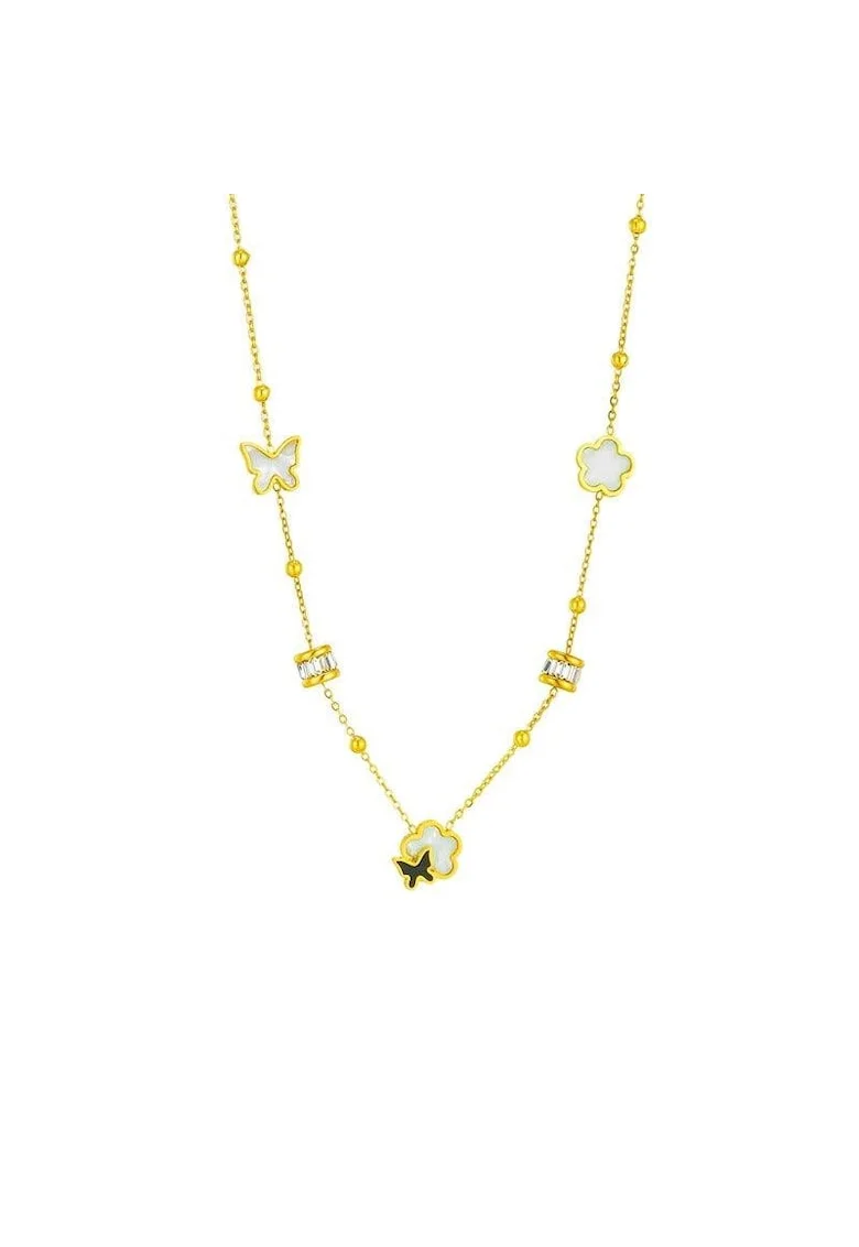 Colier auriu, din otel inoxidabil, suflat cu aur 18k, cu floricele si pietre din zirconiu, Eida C1