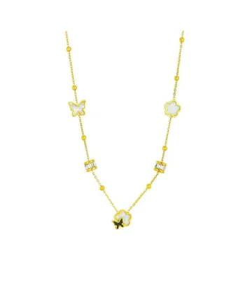 Colier auriu, din otel inoxidabil, suflat cu aur 18k, cu floricele si pietre din zirconiu, Eida C1