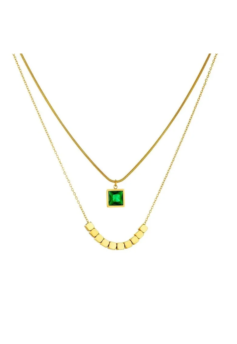 Colier auriu, din otel inoxidabil, suflat cu aur 18k, in 2 straturi, cu piatra verde, Eimar C2