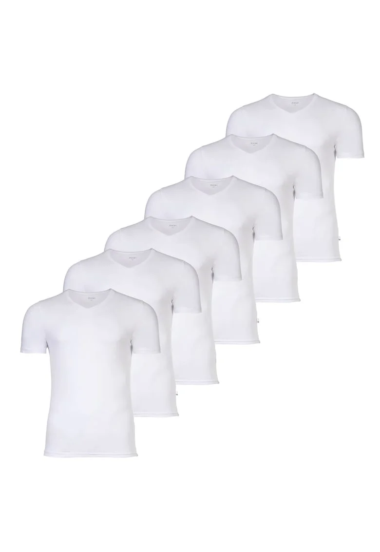 Set de tricouri din amestec de bumbac cu decolteu in V - 6 piese, Alb