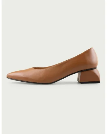 Pantofi din piele cu toc masiv, Caramel