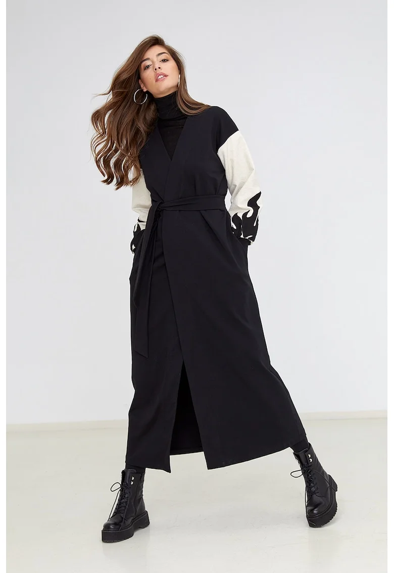 Cardigan lung cu broderii contrastante de catifea Livigno, Negru/Bej
