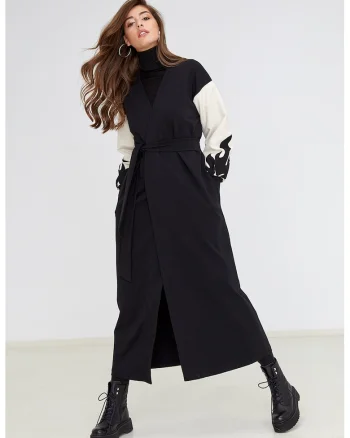 Cardigan lung cu broderii contrastante de catifea Livigno, Negru/Bej