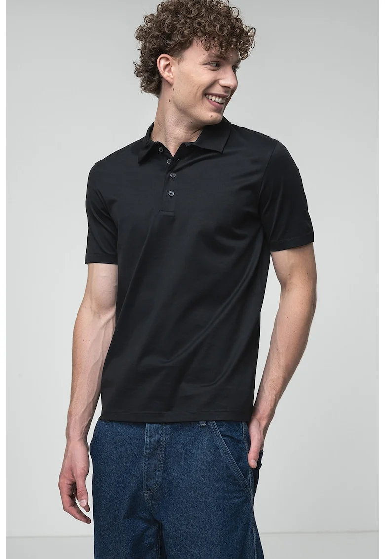 Tricou polo uni cu fenta cu nasturi, Negru