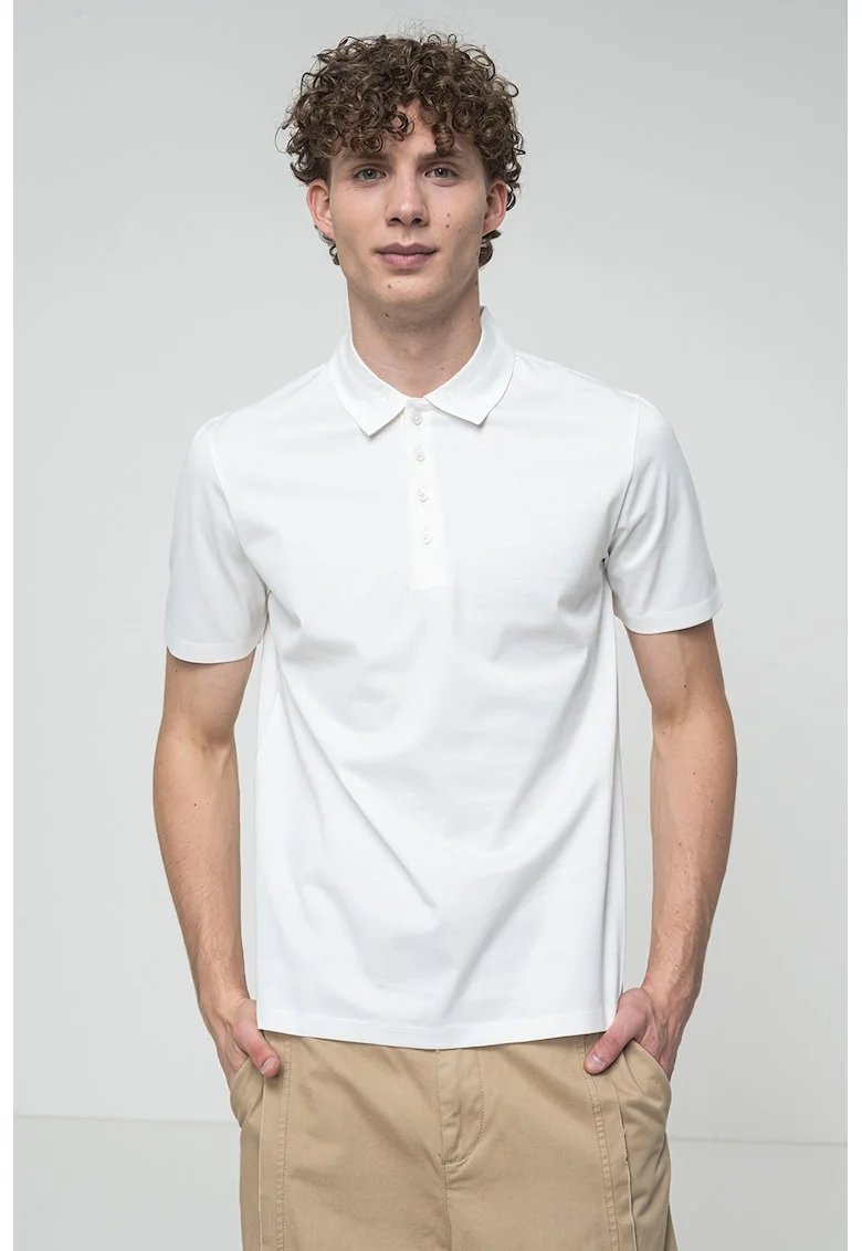 Tricou polo uni cu fenta cu nasturi, Alb