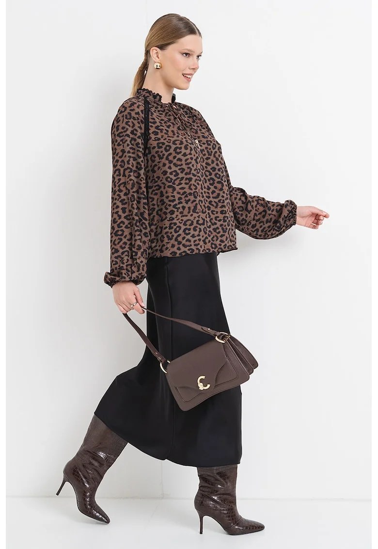 Bluza vaporoasa cu maneci bufante, Negru/Maro/Kaki