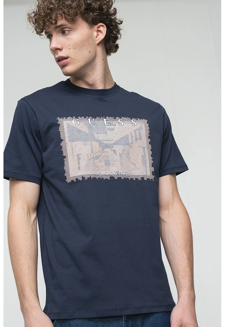 Tricou cu imprimeu pe piept, Maro taupe deschis/Bleumarin