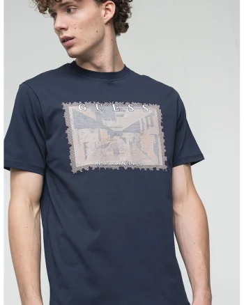 Tricou cu imprimeu pe piept, Maro taupe deschis/Bleumarin