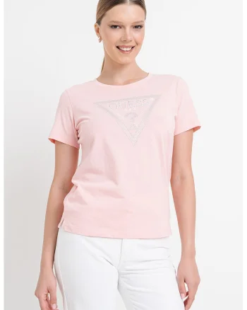 Tricou cu decolteu rotund si logo cu strasuri, Alb/Roz pastel/Argintiu