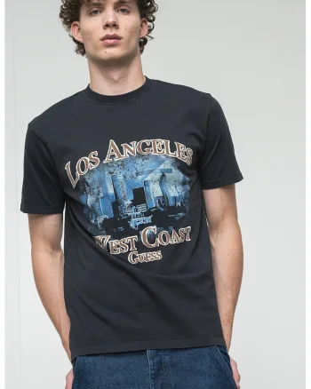 Tricou cu decolteu la baza gatului si imprimeu, Negru/Maro deschis/Albastru