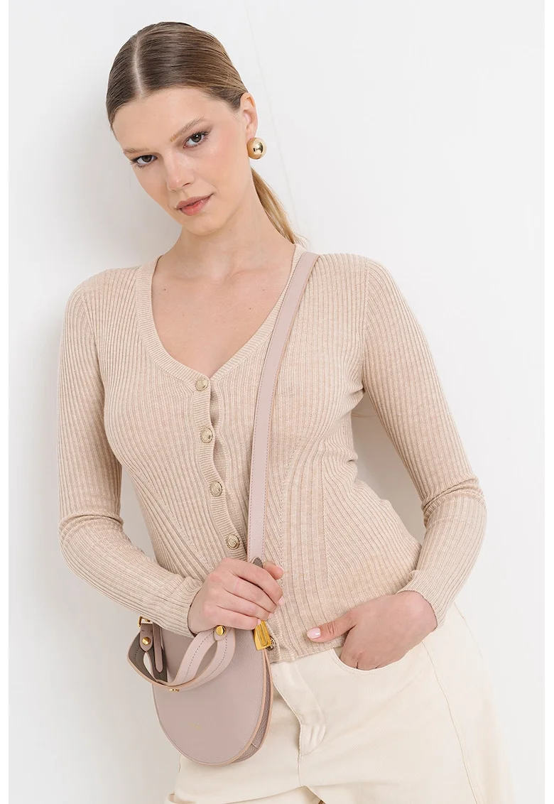 Cardigan cambrat din amestec de casmir si matase, Bej deschis