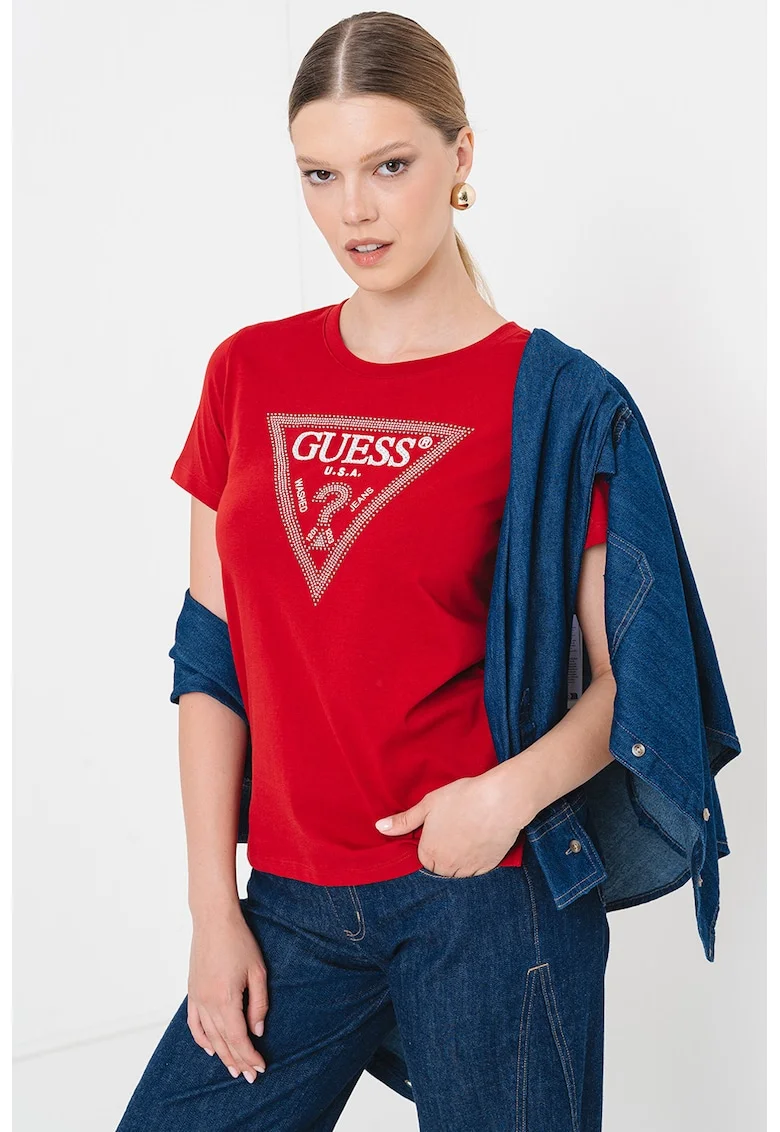 Tricou cu decolteu rotund si logo cu strasuri, Rosu inchis/Argintiu