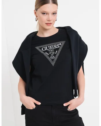 Tricou cu decolteu rotund si logo cu strasuri, Alb/Negru