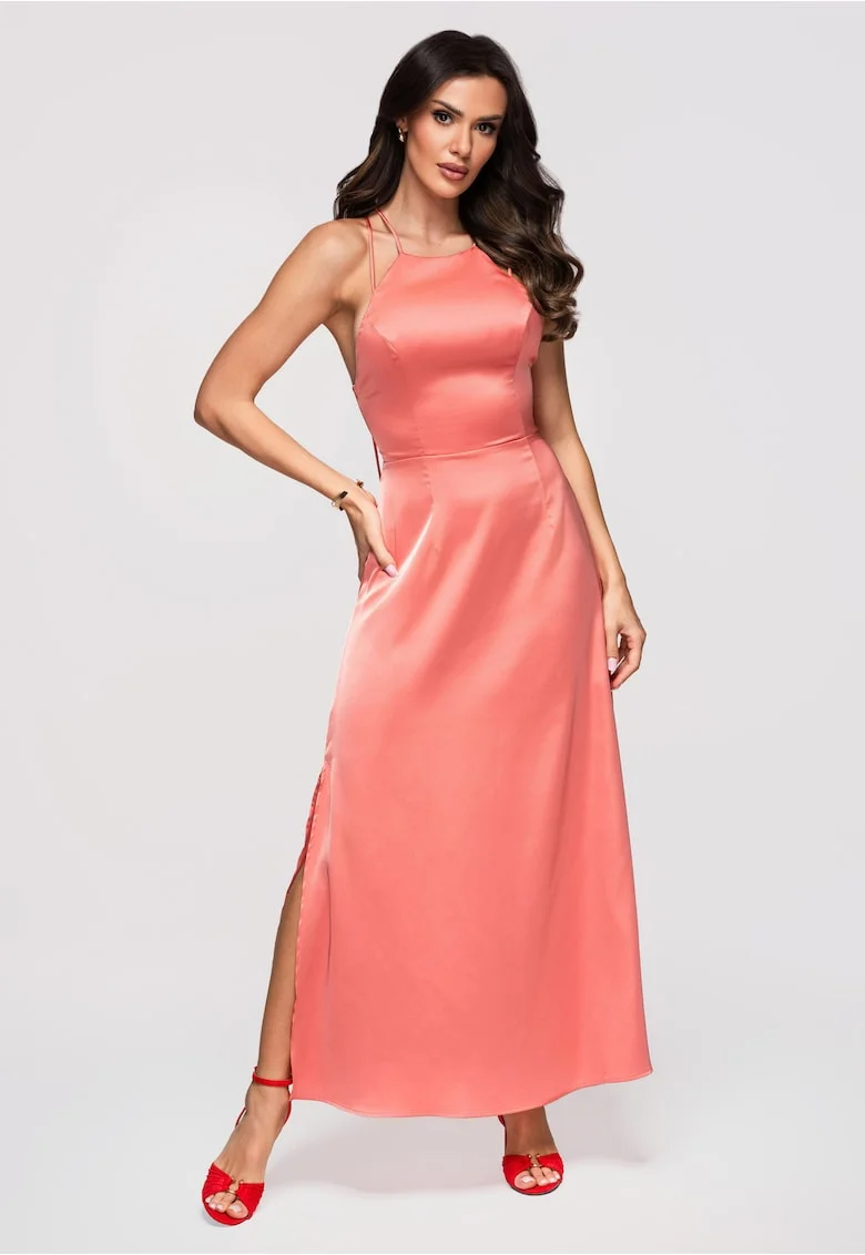 Rochie maxi cu decolteu halter si material satinat, Roz piersica