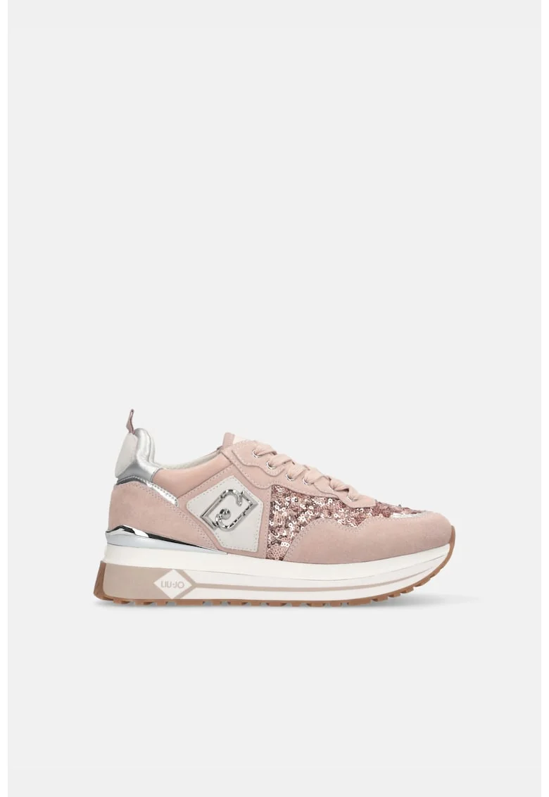 Pantofi sport de piele intoarsa cu aplicatii de paiete, Roz