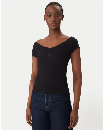 Tricou slim din amestec de bumbac cu decolteu in v,