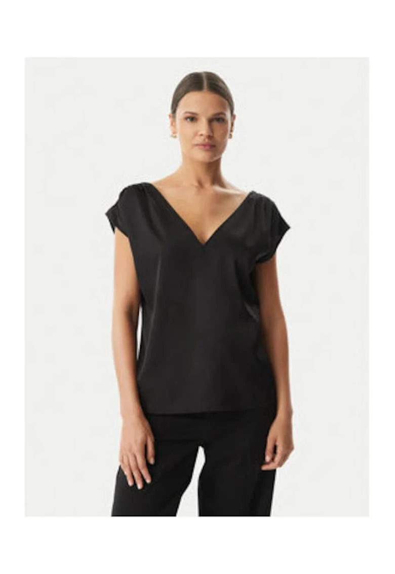 Bluza dama,  negru, satinata, detaliu auriu, poliester