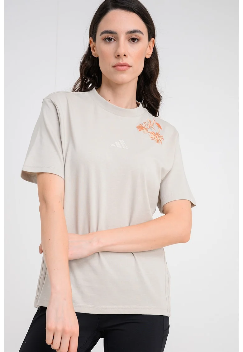 Tricou de bumbac cu broderii florale si monograma, Grej