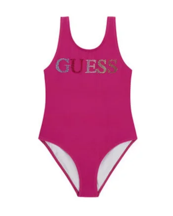 Costum de baie fete,  roz, material sintetic, strasuri decorative