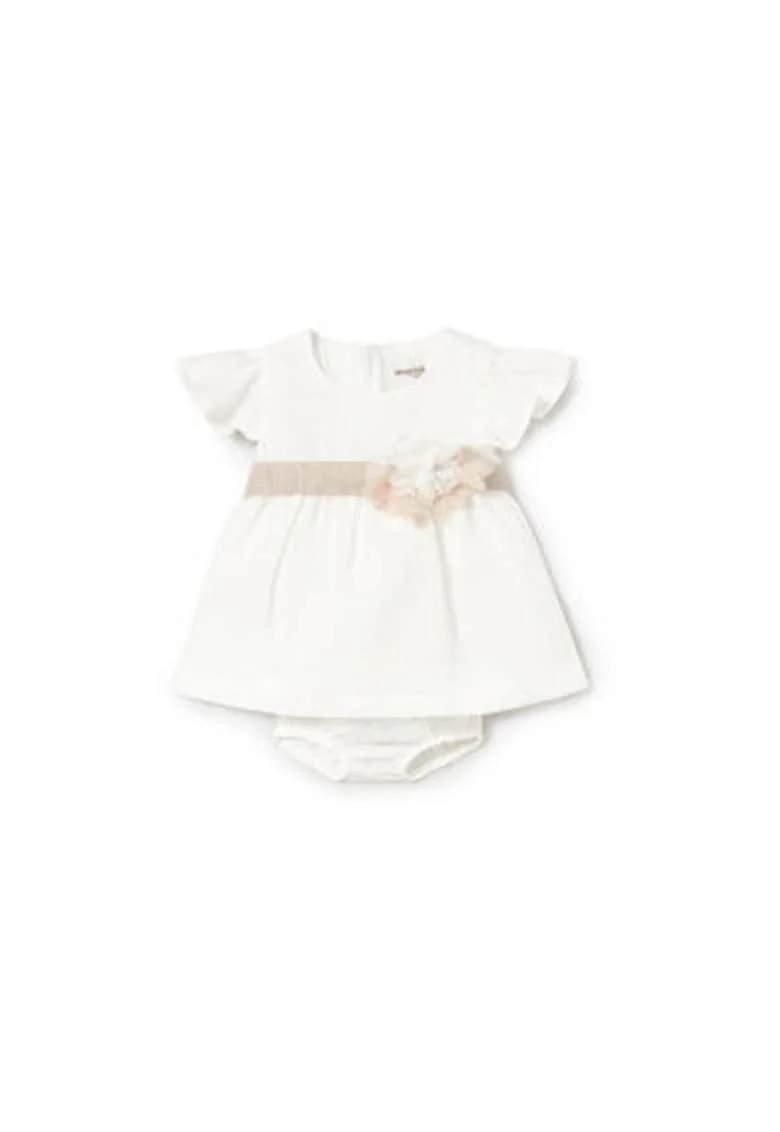 Rochie eleganta fetita,  alb, bumbac si poliester, maneci scurte, detaliu floral