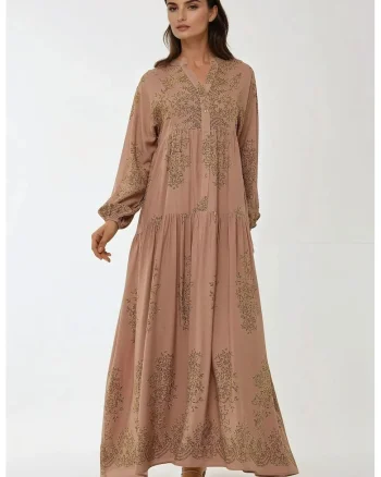 Rochie maxi,  viscon imprimat, guler camasa, maro, textil