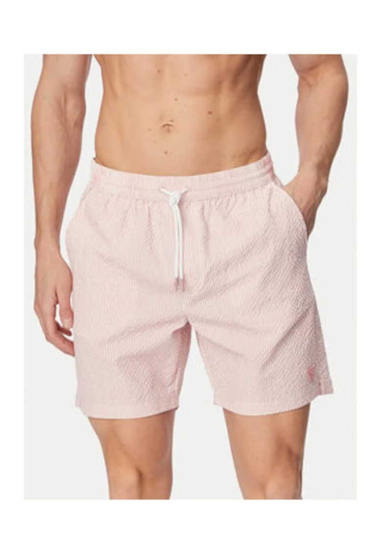 Pantaloni scurti de baie barbati,  dungi, alb/roz, poliester