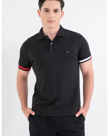 Tricou polo slim fit cu mansete contrastante, Alb/Rosu inchis/Negru carbon