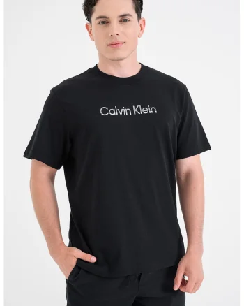 Tricou cu decolteu la baza gatului si imprimeu logo, Negru/Alb murdar