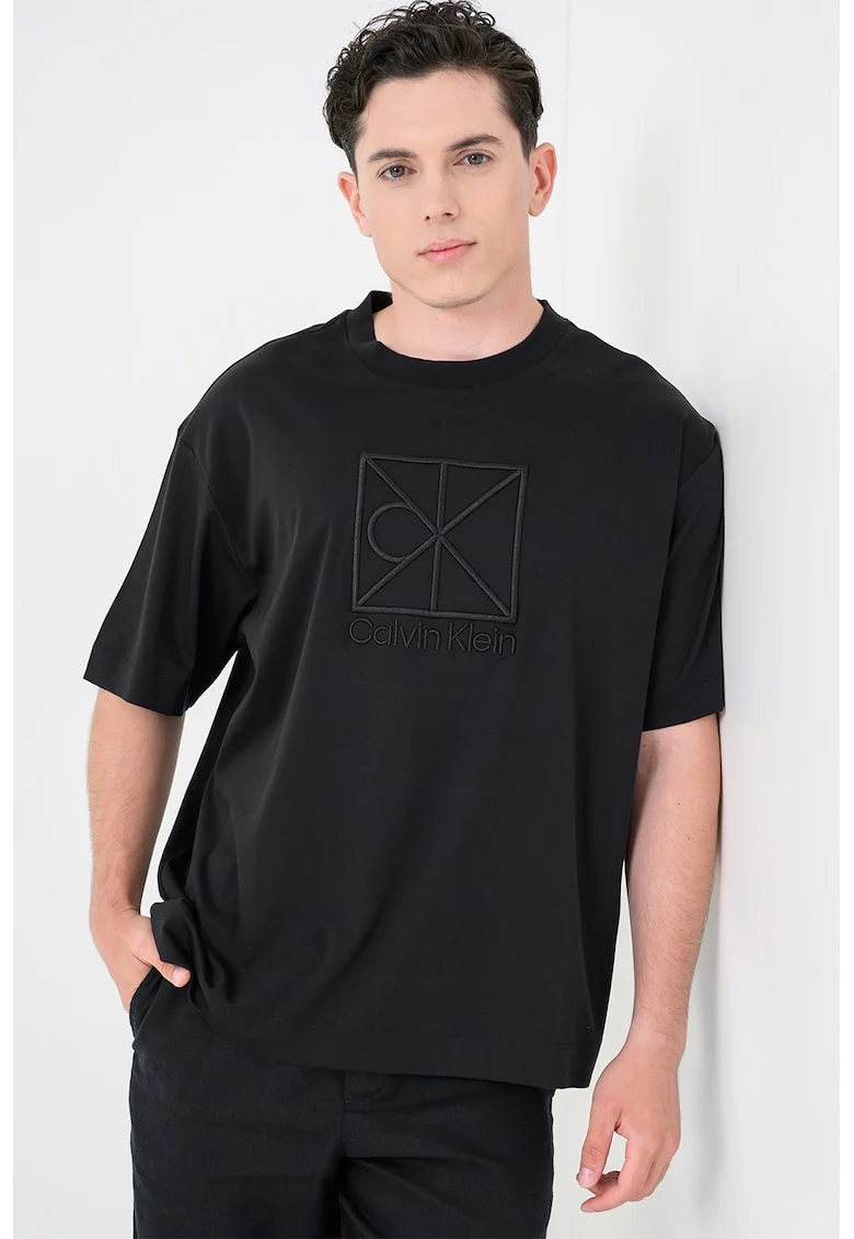 Tricou relaxed fit cu monograma pe piept, Negru
