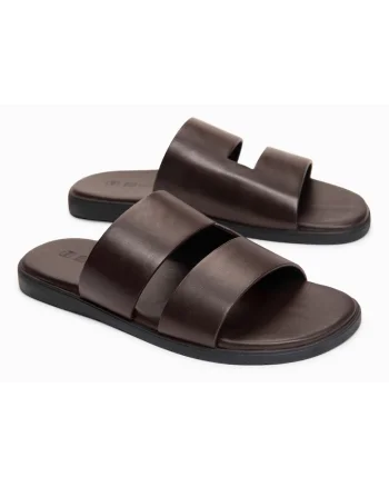 Slapi barbati din piele cu doua benzi late, confortabili si eleganti OM-FOSF-0248, Maro